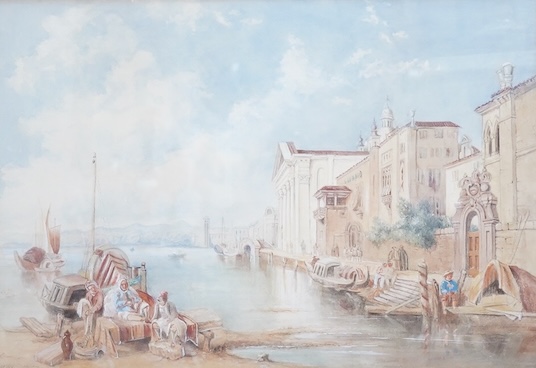 Horace Norman, Italian lakeside scene with boats, gondolas and a building, signed, watercolour, 37 x 53cm
